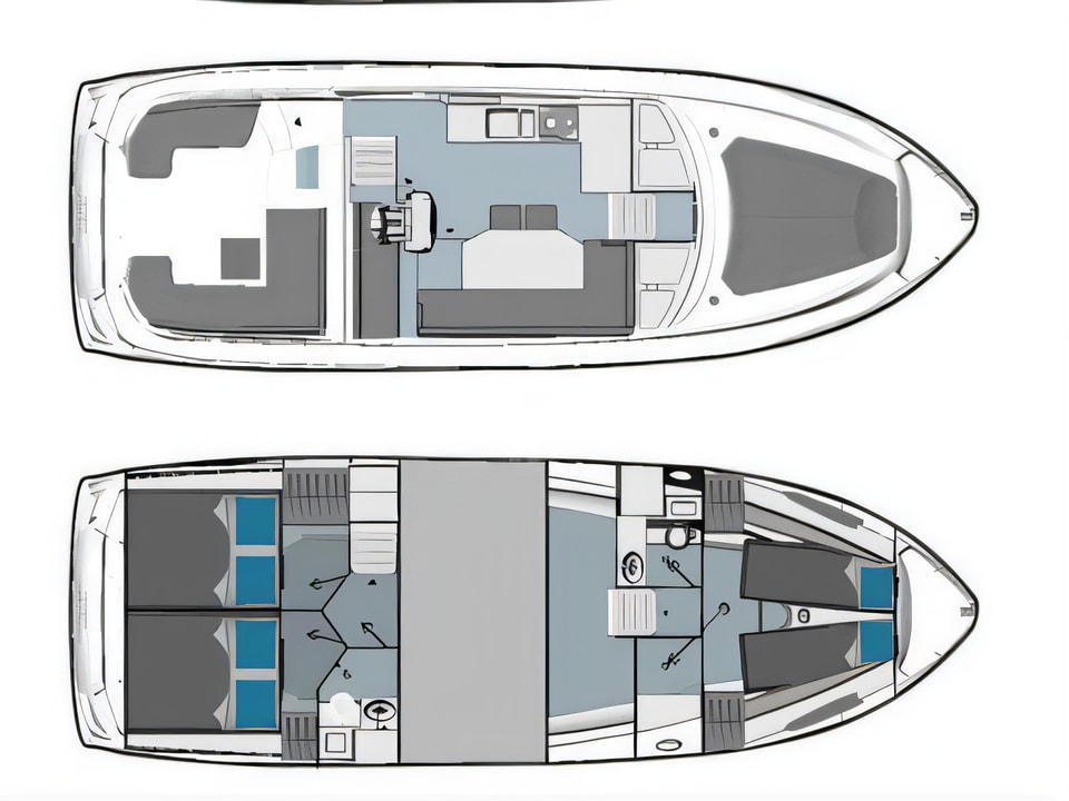 Layout of Bavaria E40 Fly motor boat with 4 cabins Croatia yacht charter
