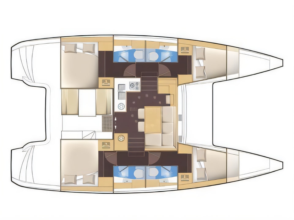 Layout of Lagoon 39 catamaran with 6 cabins Croatia yacht charter