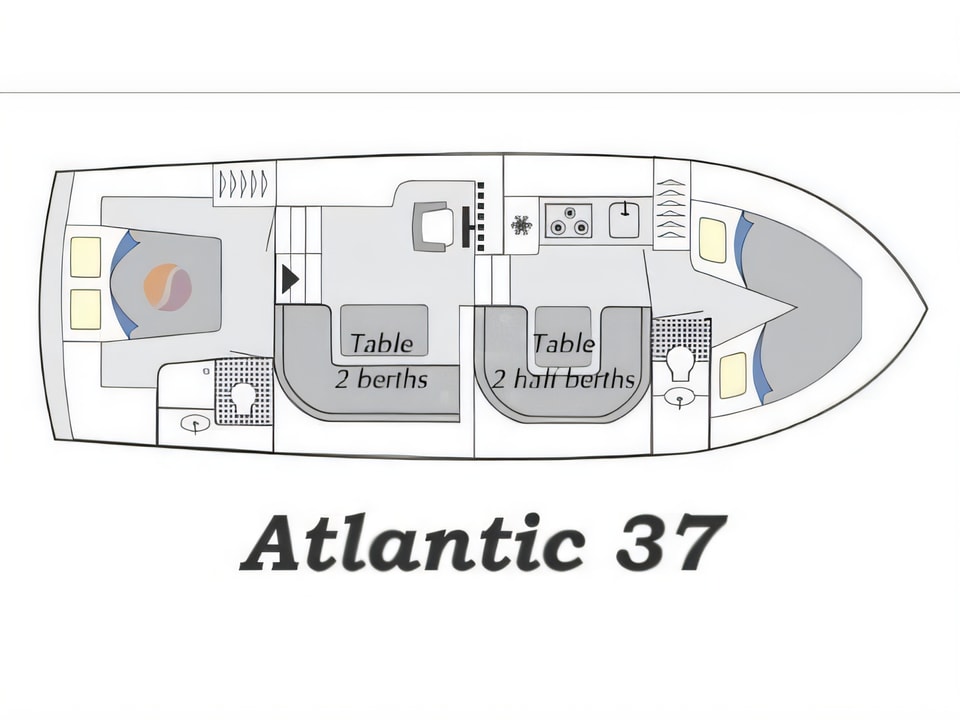 Layout of Atlantic 37 motor boat with 2 cabins Croatia yacht charter