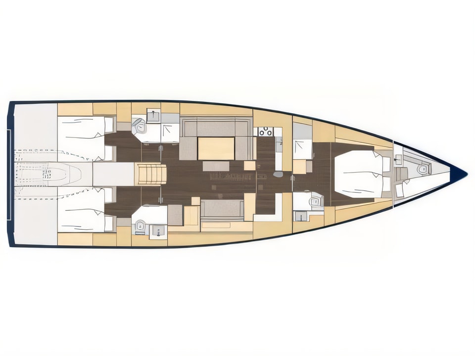 Layout of Bavaria Cruiser 57 sail boat with 4 cabins Croatia yacht charter