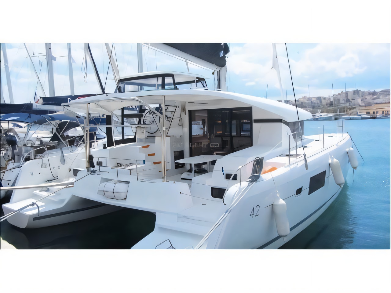 Exterior overview of Lagoon 42 catamaran for charter from Trogir ACI Marina in the Split sailing area Croatia