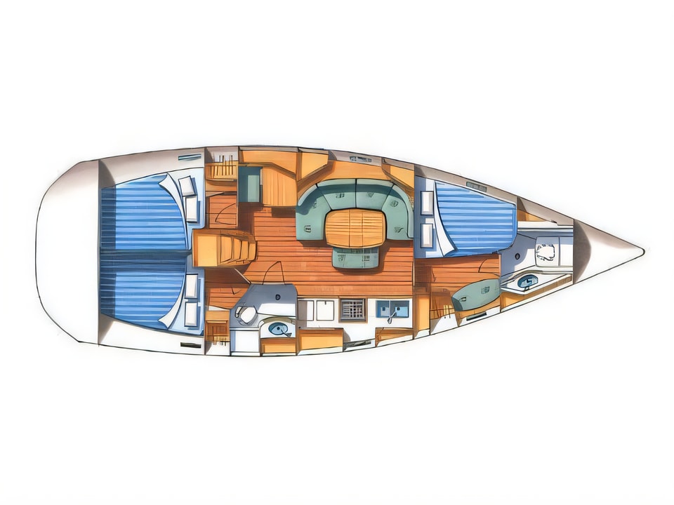 Layout of Oceanis 393 C sail boat with 3 cabins Croatia yacht charter