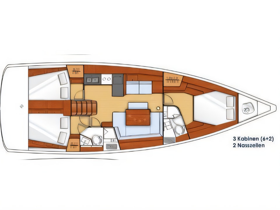 Layout of Oceanis 45 sail boat with 3 cabins Croatia yacht charter