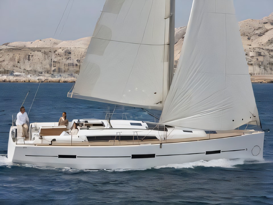 Exterior overview of Dufour 412 sail boat for charter from Pula Tehnomont Marina Veruda in the Istria / Kvarner sailing area Croatia