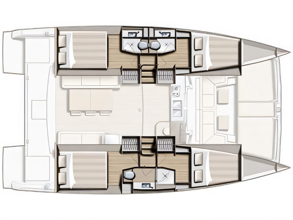 Layout of Bali 4.0 catamaran with 4 cabins Croatia yacht charter