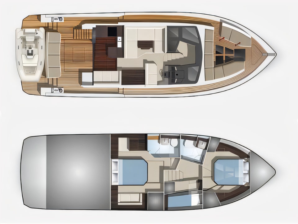 Galeon 460 Fly yacht layout 3 cabins Croatia charter