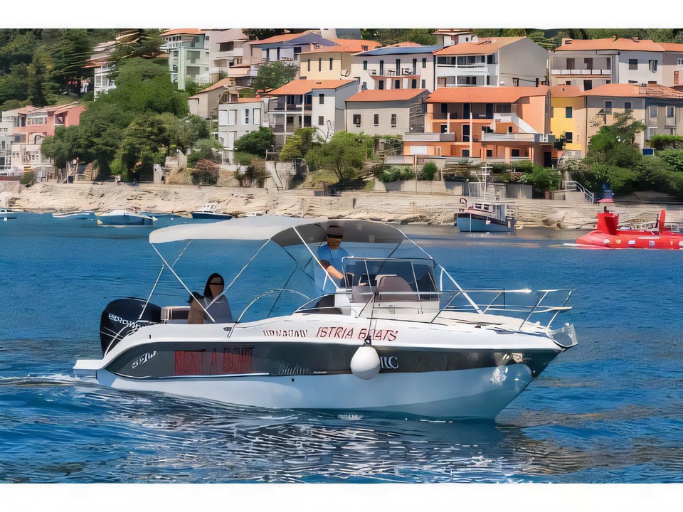 Exterior overview of Bluline 23 Sundeck motor boat for charter from Pula Tehnomont Marina Veruda in the Istria / Kvarner sailing area Croatia