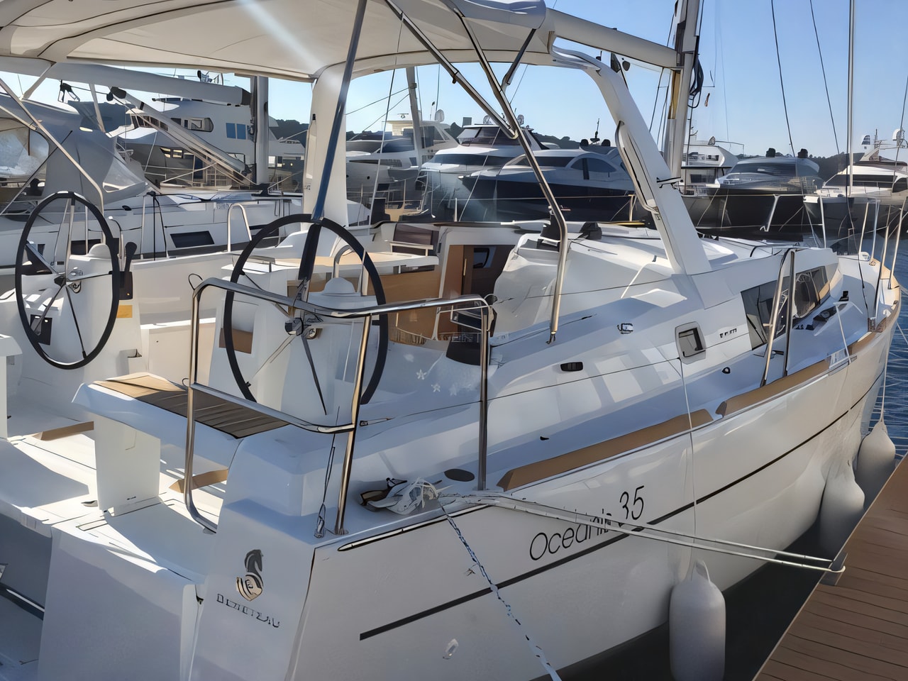Exterior overview of Oceanis 35 sail boat for charter from Rogoznica Marina Frapa in the Sibenik sailing area Croatia