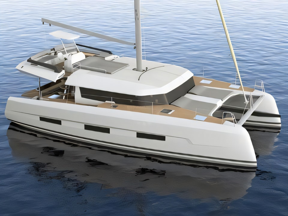 Exterior overview of Dufour 48 catamaran for charter from Rogoznica Marina Frapa in the Sibenik sailing area Croatia