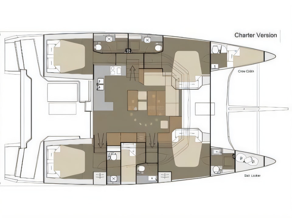 Layout of Dufour 48 catamaran with 6 cabins Croatia yacht charter
