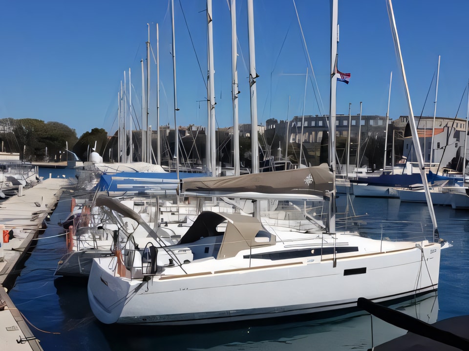 Exterior overview of Sun Odyssey 349 sail boat for charter from Pula ACI Marina in the Istria / Kvarner sailing area Croatia