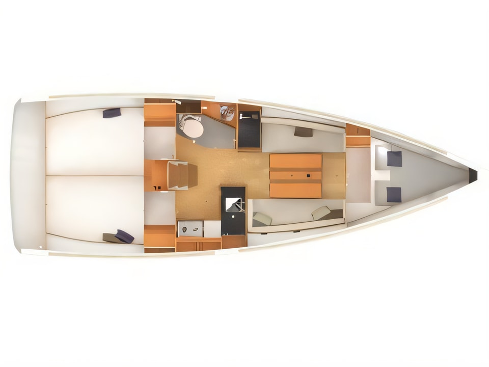 Layout of Sun Odyssey 349 sail boat with 3 cabins Croatia yacht charter