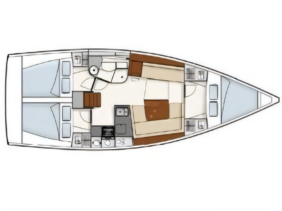 Layout of Hanse 385 sail boat with 3 cabins Croatia yacht charter