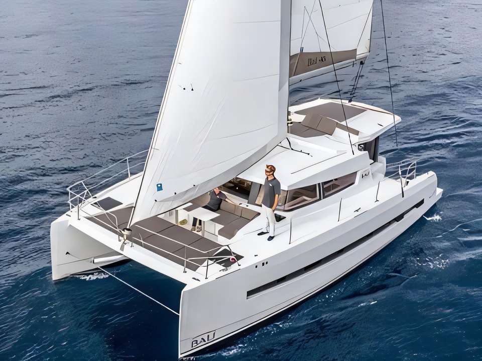 Exterior overview of Bali 4.1 catamaran for charter from Rogoznica Marina Frapa in the Sibenik sailing area Croatia