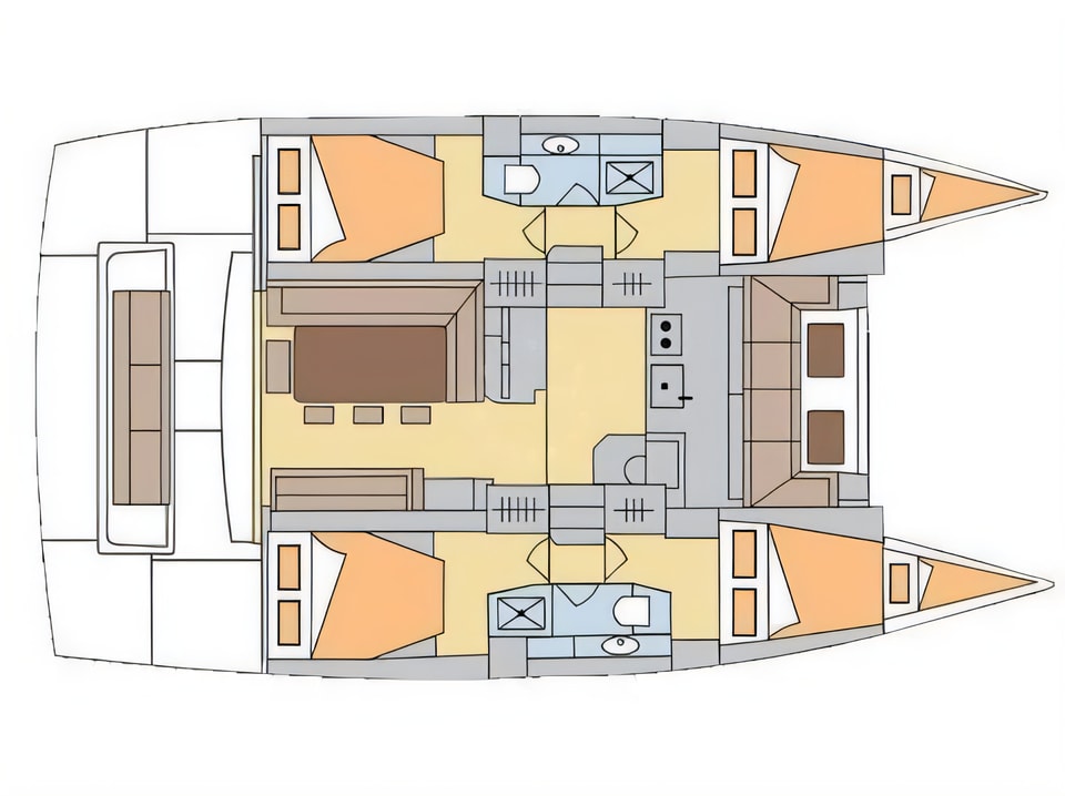 Layout of Bali 4.1 catamaran with 6 cabins Croatia yacht charter