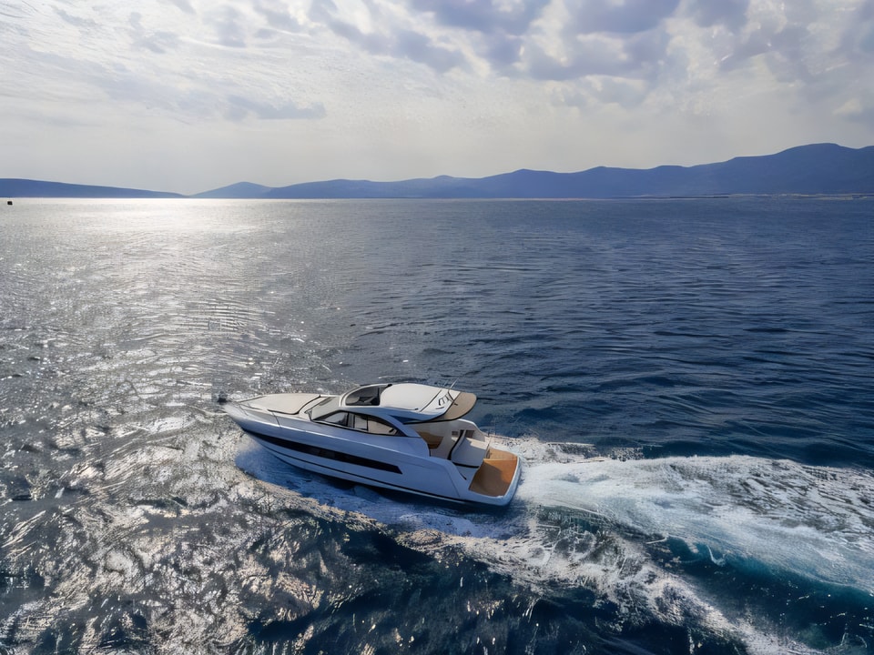 Exterior overview of Jeanneau Leader 36 motor boat for charter from Kastela Gomilica Marina in the Sibenik sailing area Croatia