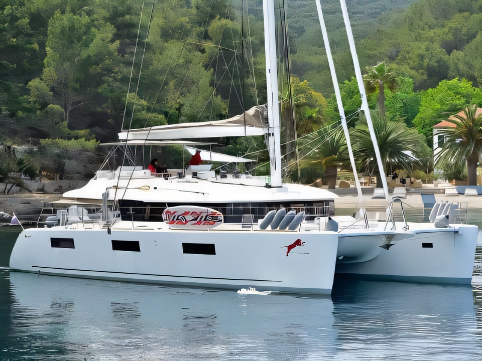 Exterior overview of Lagoon 620 catamaran for charter from Kastela Gomilica Marina in the Sibenik sailing area Croatia
