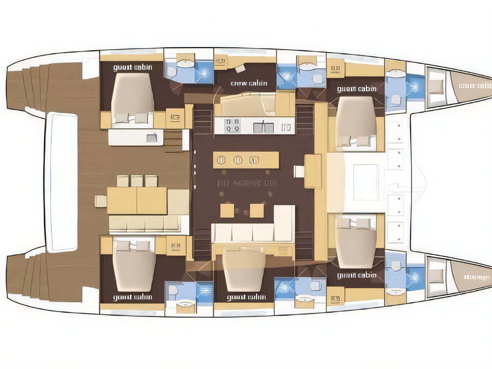 Layout of Lagoon 620 catamaran with 5 cabins Croatia yacht charter