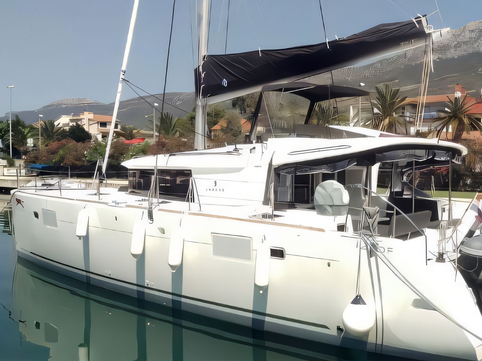 Exterior overview of Lagoon 450 F catamaran for charter from Kastela Gomilica Marina in the Sibenik sailing area Croatia