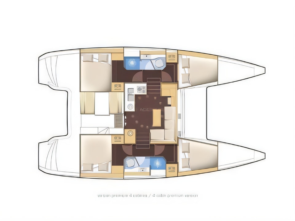 Layout of Lagoon 39 catamaran with 4 cabins Croatia yacht charter