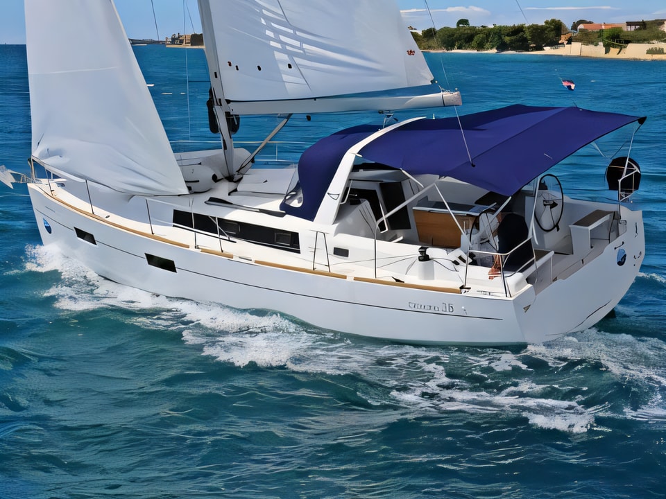 Exterior overview of OCEANIS 38 BT sail boat for charter from Sukosan Marina Dalmacija in the Zadar sailing area Croatia