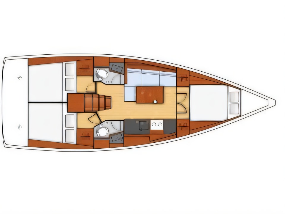 Layout of OCEANIS 38 BT sail boat with 3 cabins Croatia yacht charter