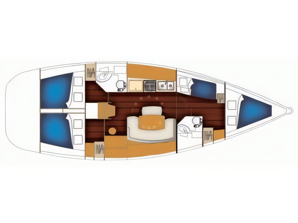 Layout of Benetau Cyclades 43,4 sail boat with 4 cabins Croatia yacht charter