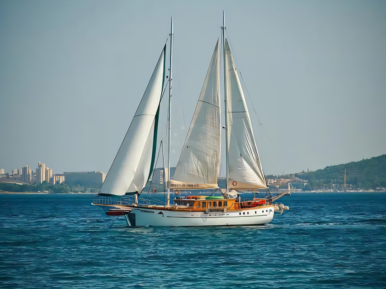 Exterior overview of Gulet Queen of Adriatic gulet or cruiser for charter from Kastilac port Kastel Gomilica in the Sibenik sailing area Croatia