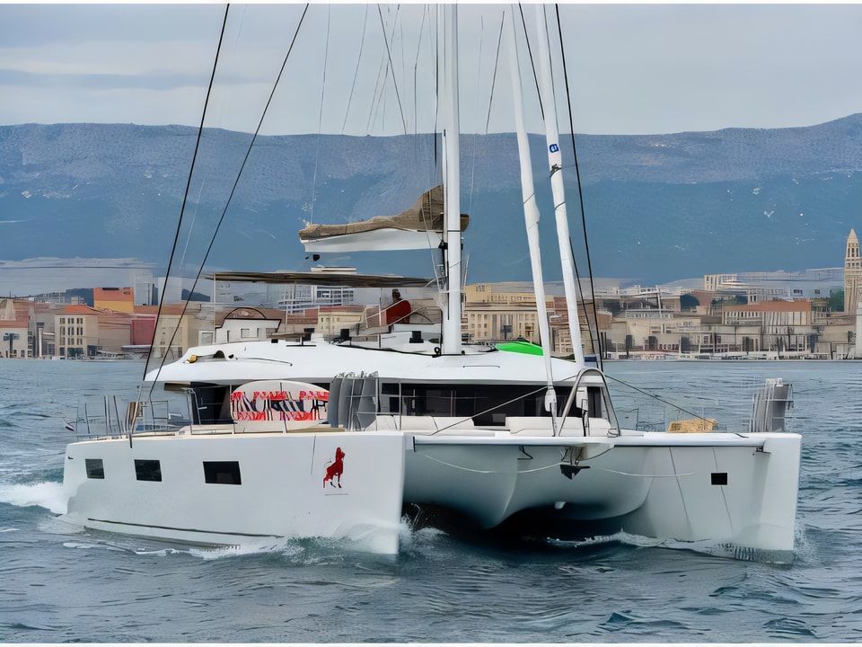 Exterior overview of Lagoon 620 catamaran for charter from Kastela Gomilica Marina in the Sibenik sailing area Croatia