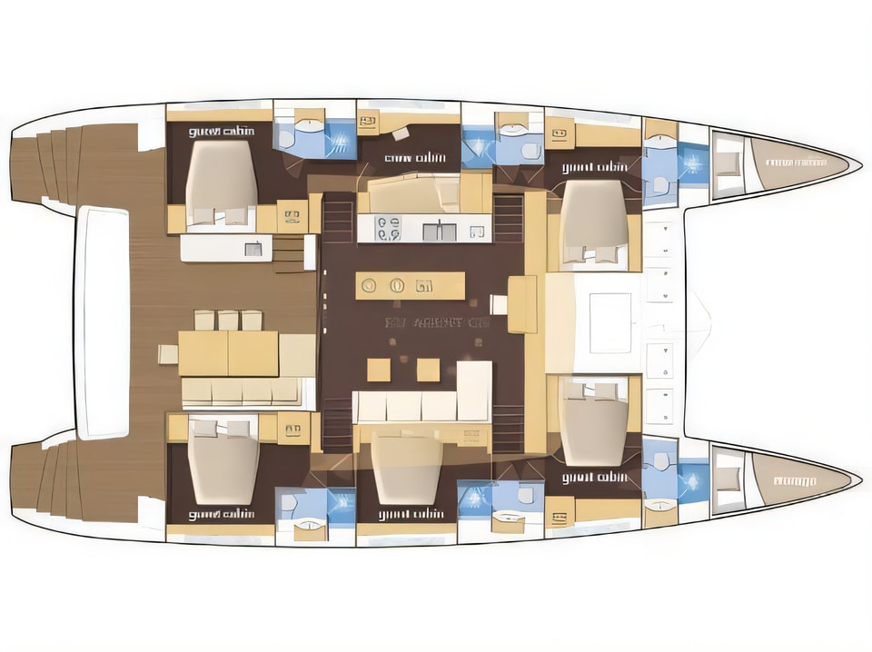 Layout of Lagoon 620 catamaran with 5 cabins Croatia yacht charter