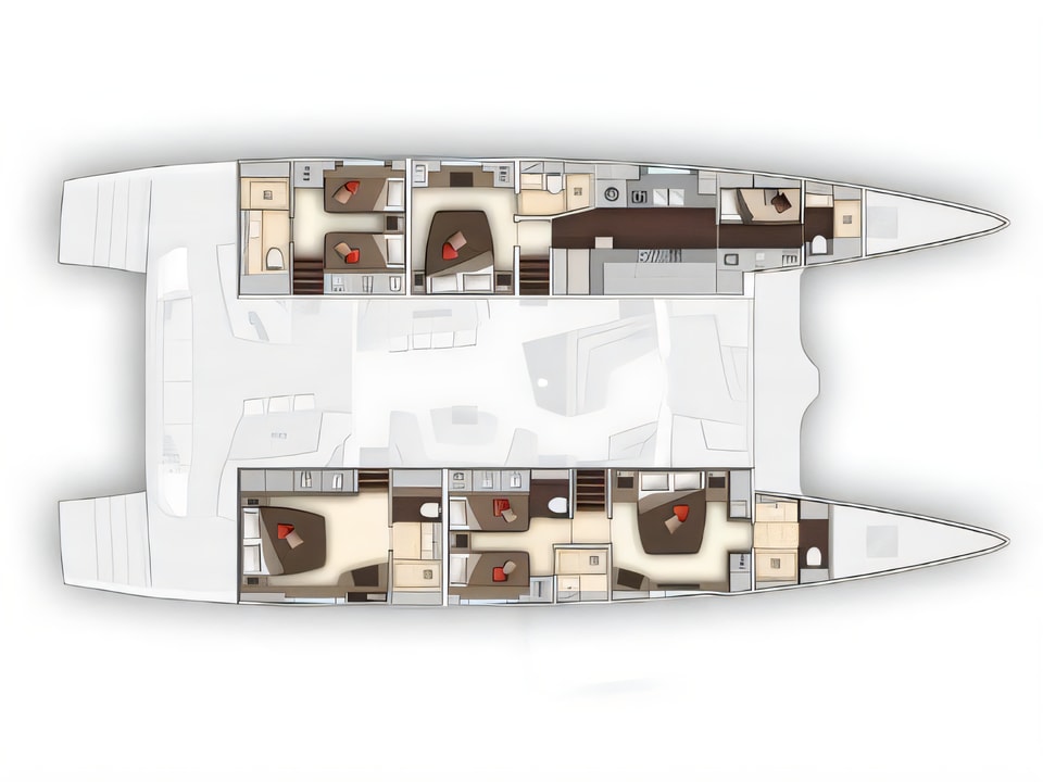Layout of Lagoon Seventy 7 catamaran with 4 cabins Croatia yacht charter