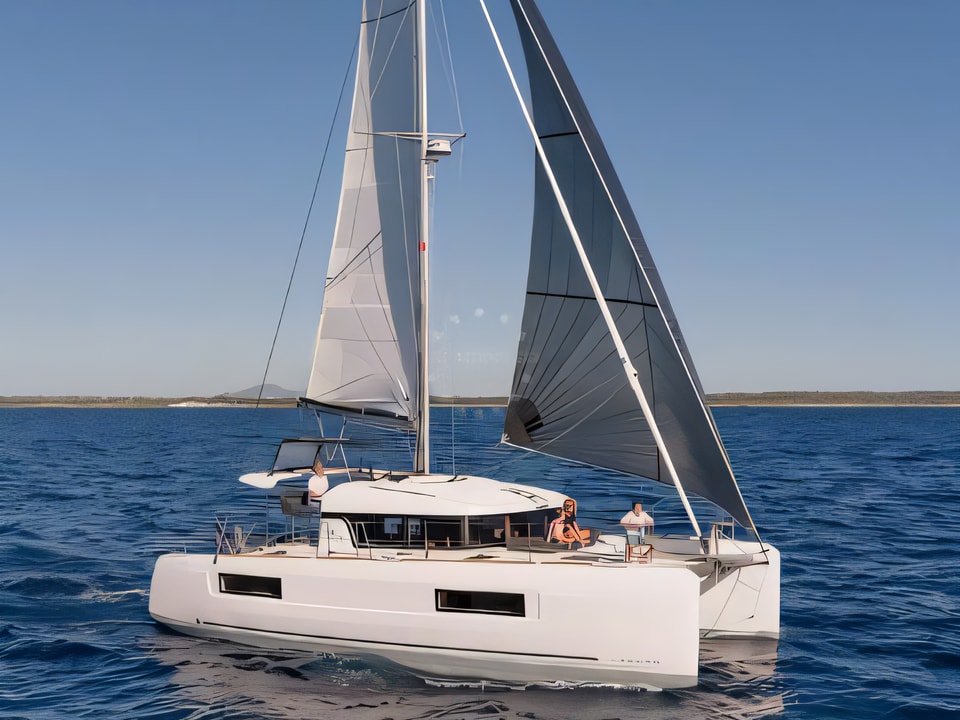Exterior overview of Lagoon 40 catamaran for charter from Rogoznica Marina Frapa in the Sibenik sailing area Croatia