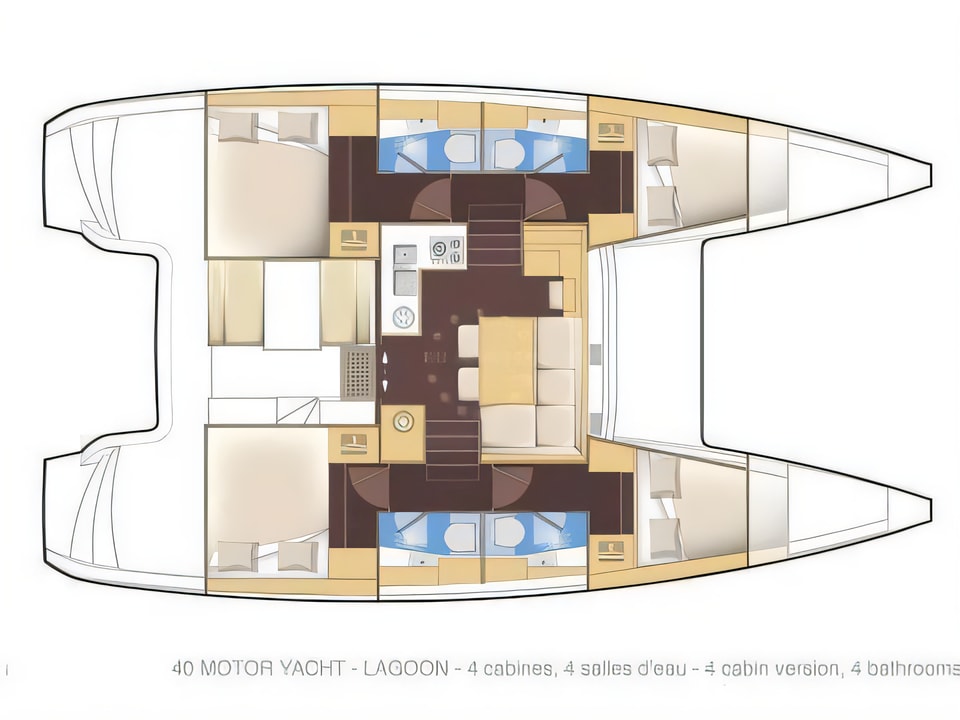 Layout of Lagoon 40 catamaran with 6 cabins Croatia yacht charter