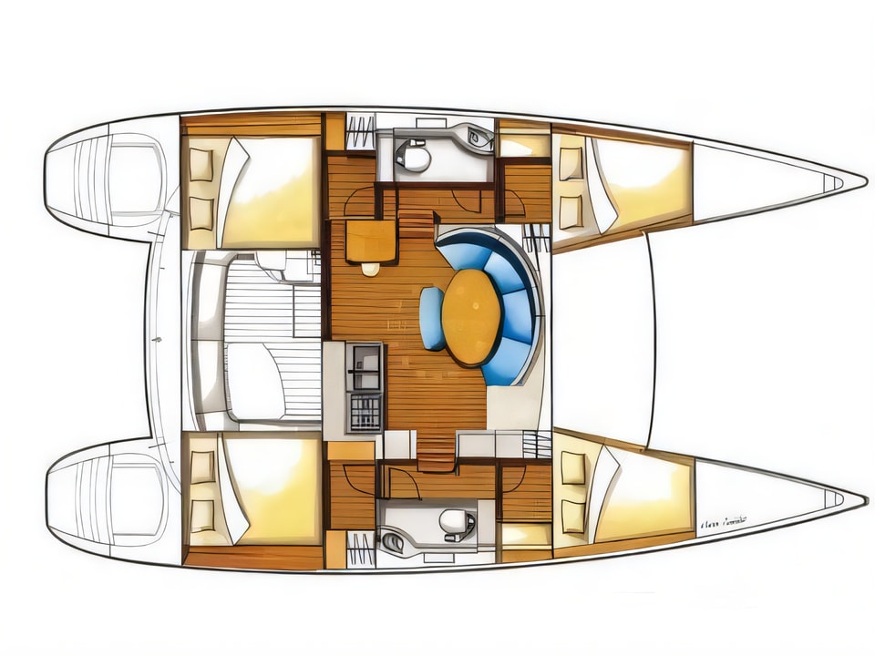 Layout of Lagoon 380 catamaran with 4 cabins Croatia yacht charter