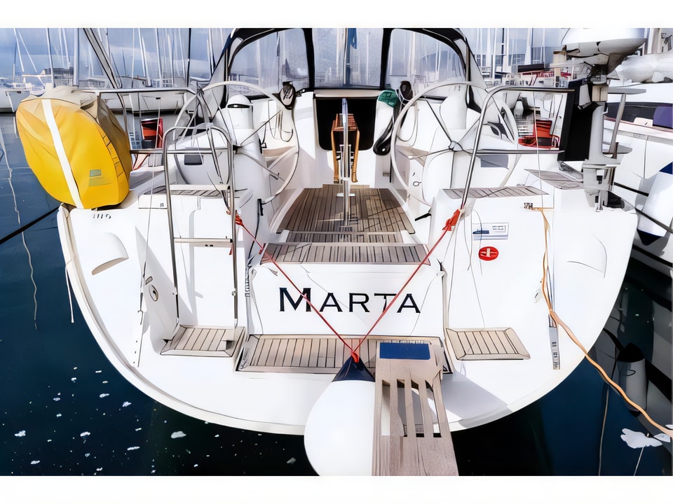Exterior overview of Dufour 385 Grand Large sail boat for charter from Rogoznica Marina Frapa in the Sibenik sailing area Croatia