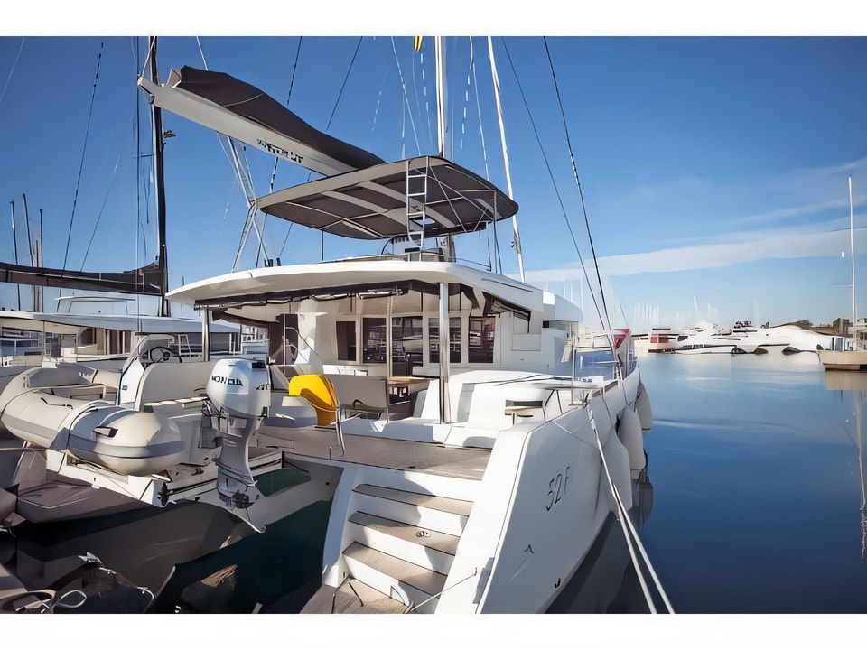 Exterior overview of Lagoon 52 FLY catamaran for charter from Seget Donji Marina Baotic in the Split sailing area Croatia