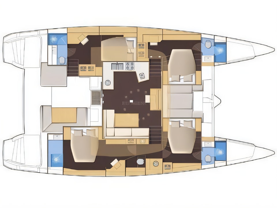 Layout of Lagoon 52 catamaran with 6 cabins Croatia yacht charter