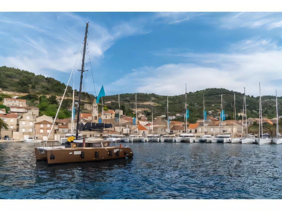 Exterior overview of Lagoon 450 F equipped with generator, A / C (saloon+cabins), ice maker, dishwasher,water maker, microwave oven, 2 S.U.P, 2 knee board, water tube, kayak, underwater lights, bow thruster catamaran for charter from Split Marina Mornar in the Split sailing area Croatia