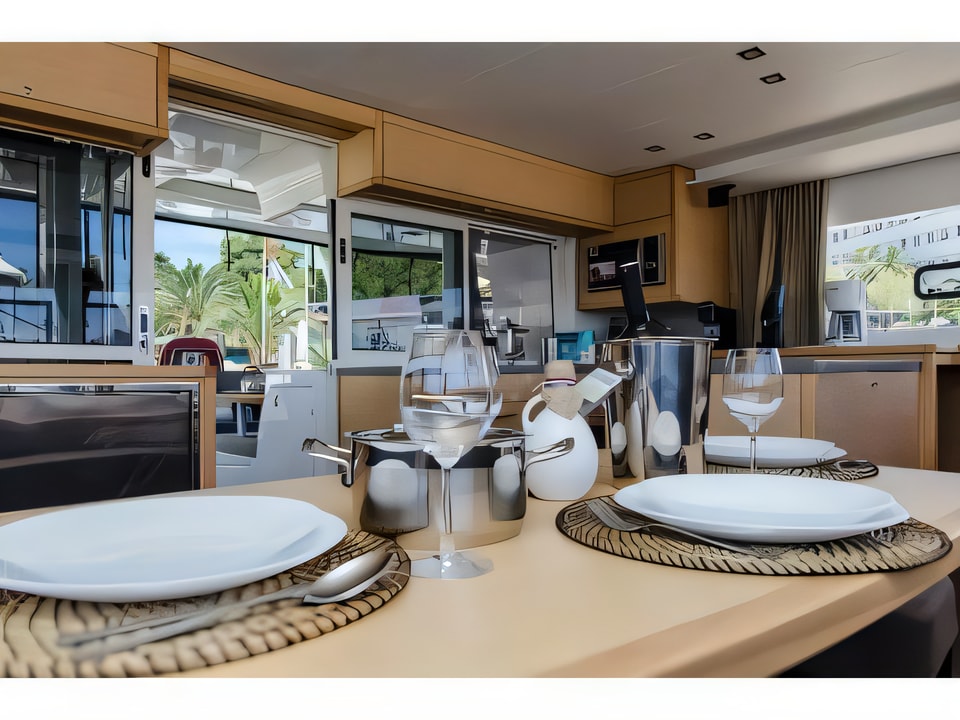 Interior of Lagoon 450 F equipped with generator, A / C (saloon+cabins), ice maker, dishwasher,water maker, microwave oven, 2 S.U.P, 2 knee board, water tube, kayak, underwater lights, bow thruster catamaran with 6 cabins Croatia yacht charter