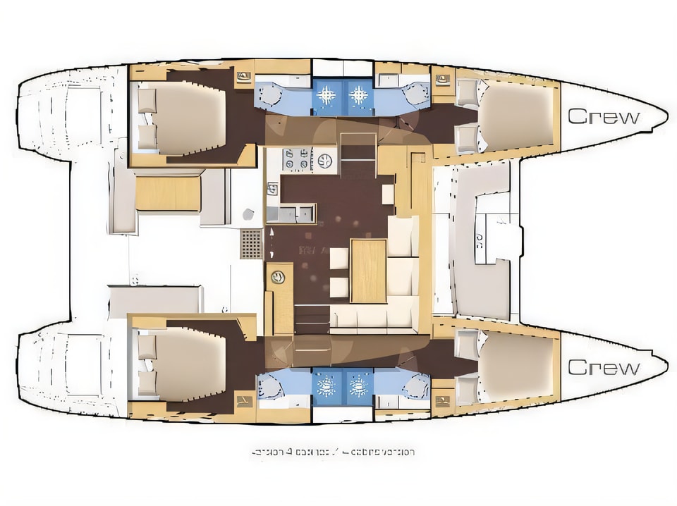 Layout of Lagoon 450 F equipped with generator, A / C (saloon+cabins), ice maker, dishwasher,water maker, microwave oven, 2 S.U.P, 2 knee board, water tube, kayak, underwater lights, bow thruster catamaran with 6 cabins Croatia yacht charter