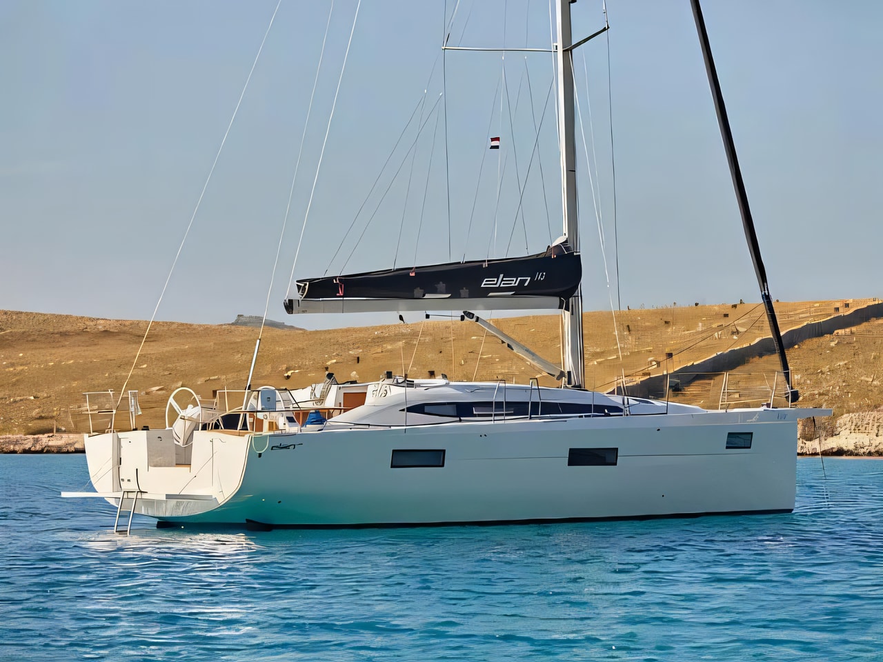 Exterior overview of Elan Impression 43 sail boat for charter from Primosten Marina Kremik in the Sibenik sailing area Croatia