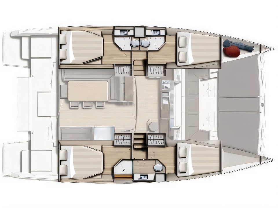 Layout of Bali 4.3 catamaran with 6 cabins Croatia yacht charter