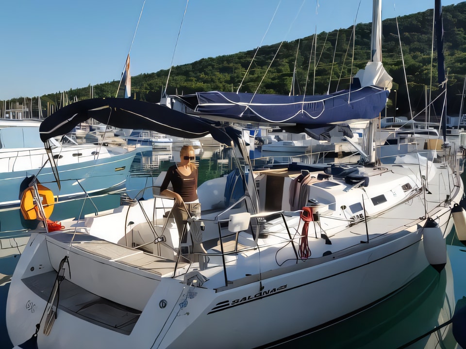 Exterior overview of Salona 45 sail boat for charter from Kastela Gomilica Marina in the Sibenik sailing area Croatia