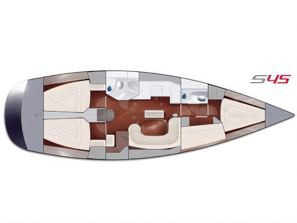 Layout of Salona 45 sail boat with 4 cabins Croatia yacht charter