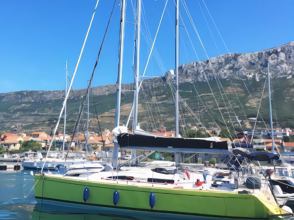 Exterior overview of Salona 42 sail boat for charter from Kastela Gomilica Marina in the Sibenik sailing area Croatia