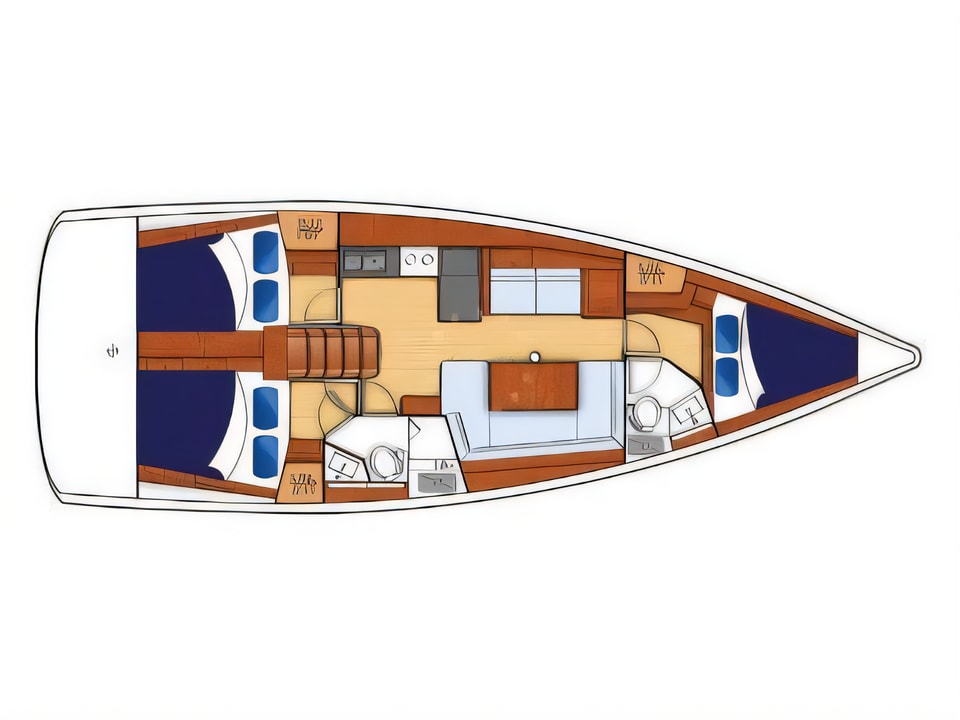 Layout of Moorings 42.3 sail boat with 3 cabins Croatia yacht charter
