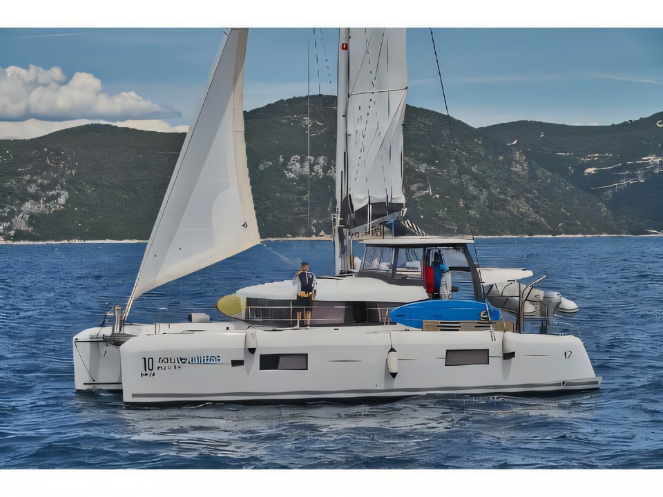 Exterior overview of Lagoon 42 MALA KATE equipped with generator, A / C (saloon) catamaran for charter from Split Marina Mornar in the Split sailing area Croatia