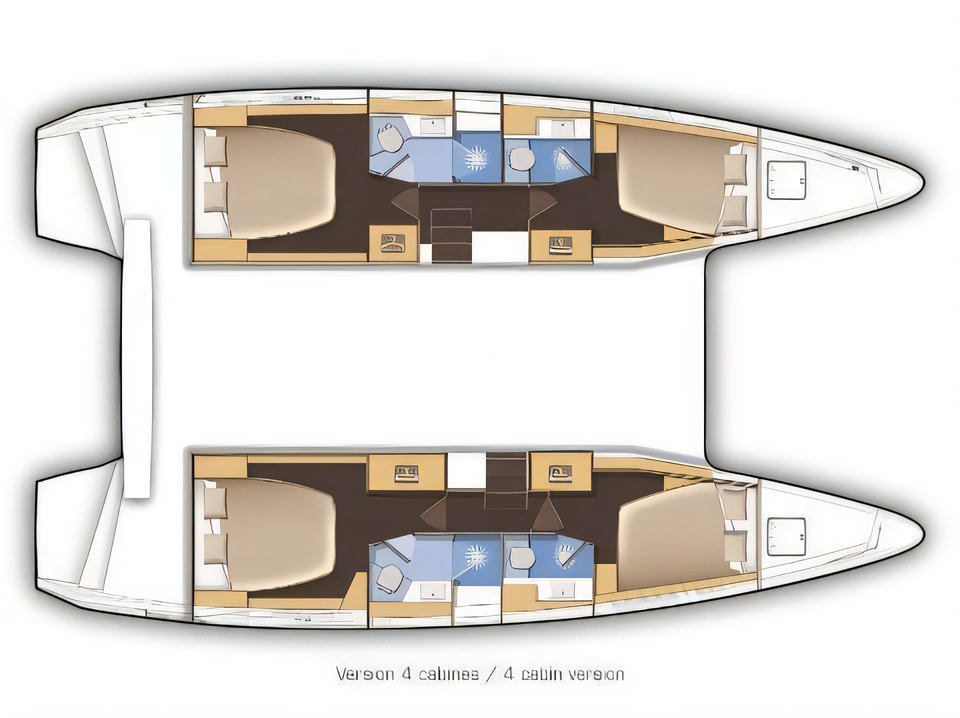 Layout of Lagoon 42 MALA KATE equipped with generator, A / C (saloon) catamaran with 4 cabins Croatia yacht charter