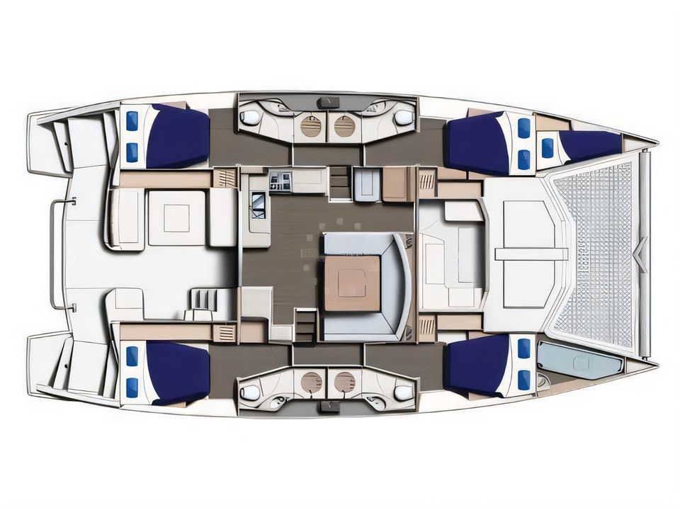Layout of Moorings 4800 catamaran with 4 cabins Croatia yacht charter