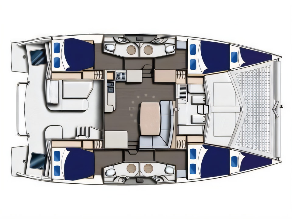 Layout of Moorings 4400 catamaran with 4 cabins Croatia yacht charter